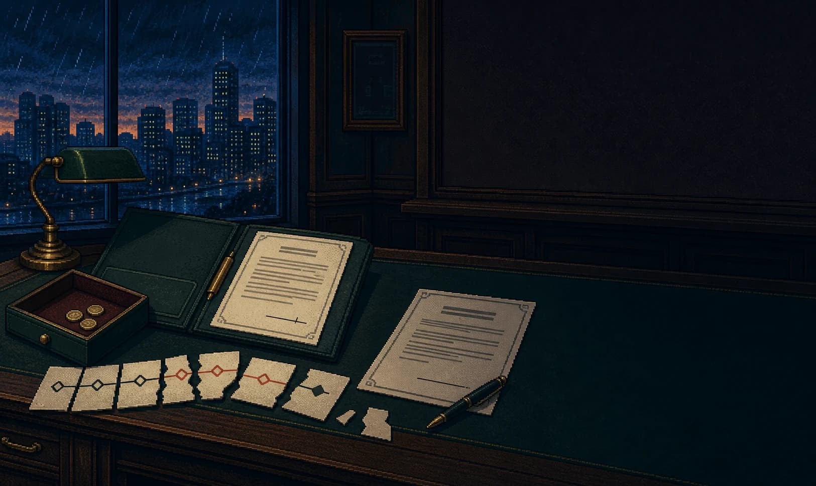 An evidence file prepared in a Redmont office at night