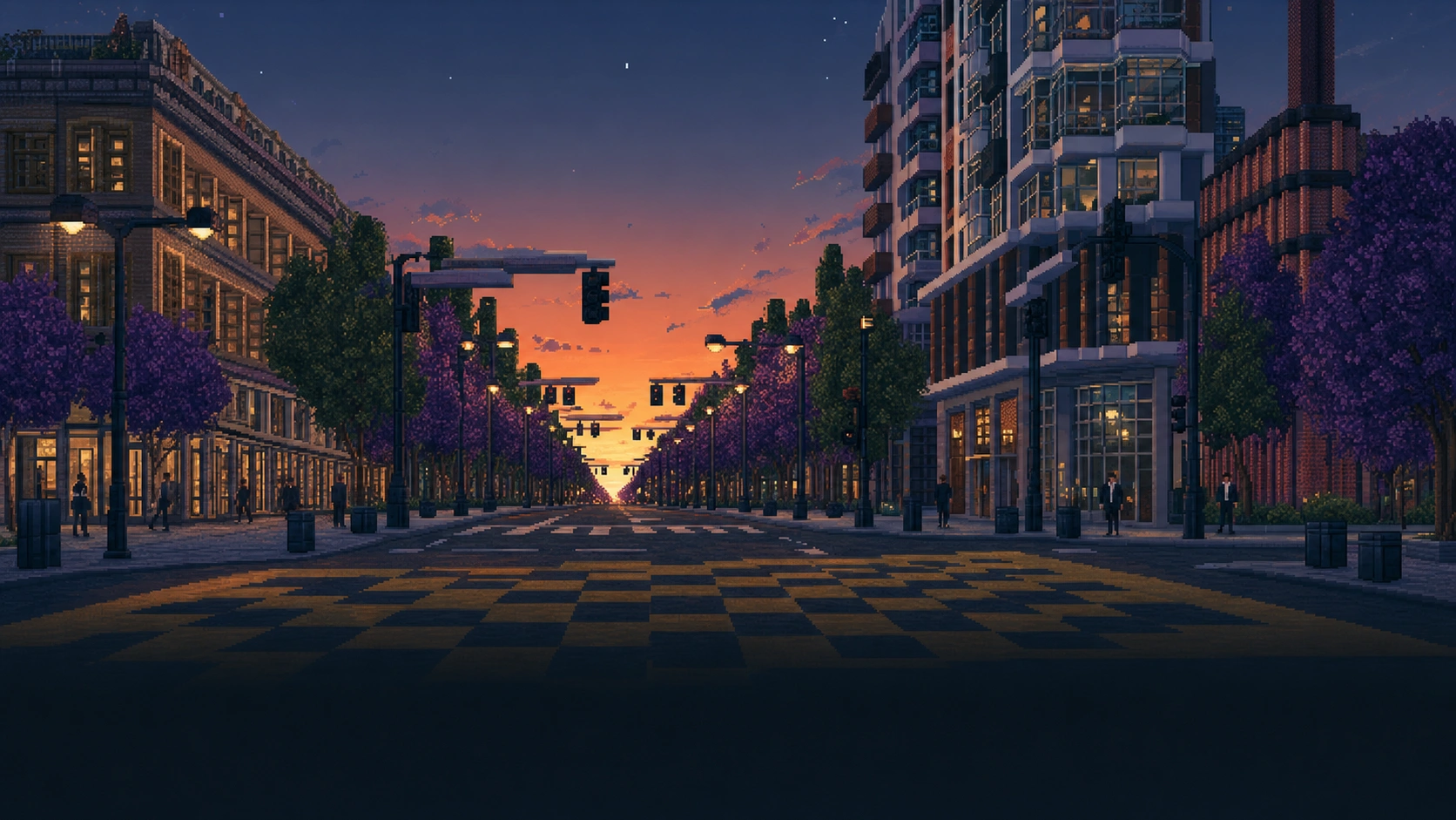 Reveille's commercial boulevard at dusk in pixel art